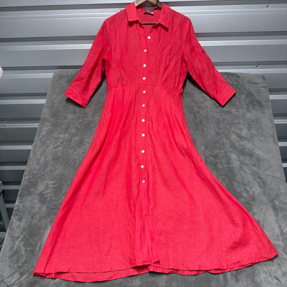 Idillio Positano Linen Shirt Dress Womens Small Hot Pink Midi Euro Summer Italy